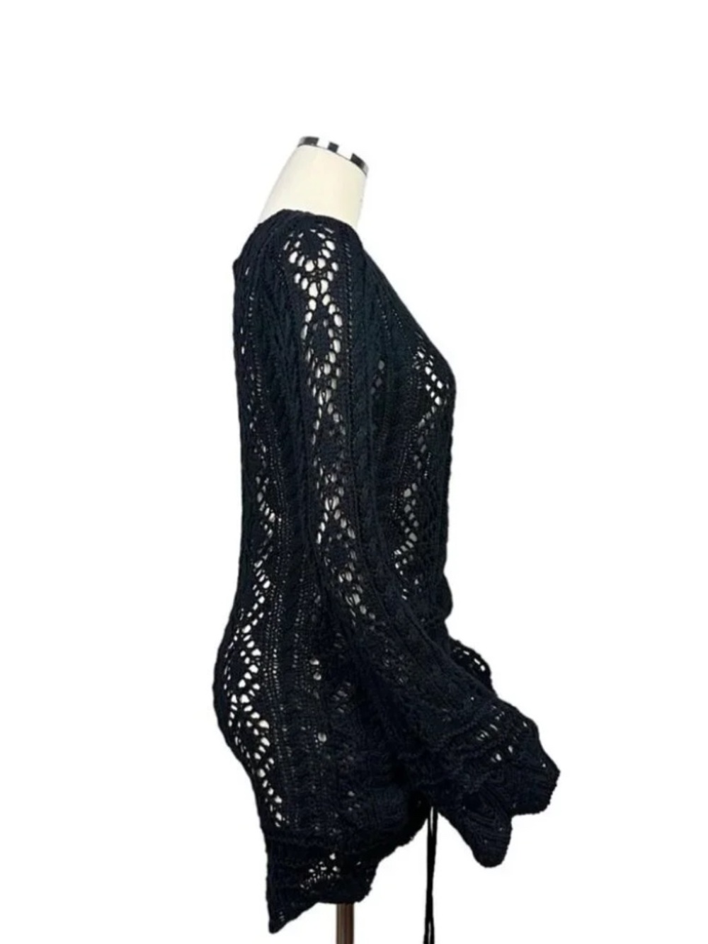 Miss Lola Black Crochet Bell Sleeve Drawstring Mini Dress Small - Picture 3 of 5